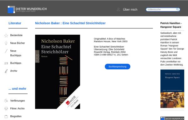 Vorschau von www.dieterwunderlich.de, Nicholson Baker: Eine Schachtel Streichhölzer