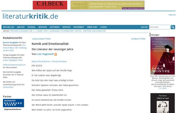 Vorschau von www.literaturkritik.de, Komik und Emotionalität - Die Literatur der neunziger Jahre