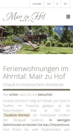 Vorschau der mobilen Webseite www.mairzuhof.com, Naturresidenz Mair zu Hof