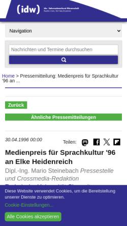 Vorschau der mobilen Webseite idw-online.de, Medienpreis für Sprachkultur an Elke Heidenreich