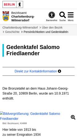 Vorschau der mobilen Webseite www.berlin.de, Gedenktafel für Salomo Friedländer