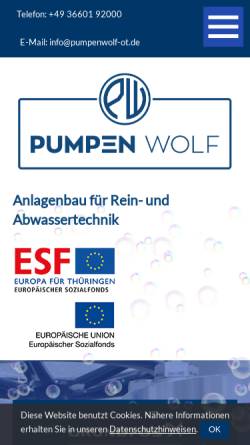 Vorschau der mobilen Webseite www.pumpenwolf-ot.de, Pumpen-Wolf Ostthüringen GmbH