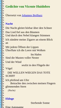 Vorschau der mobilen Webseite www.jbeilharz.de, Gedichte von Vicente Huidobro in deutscher Übersetzung