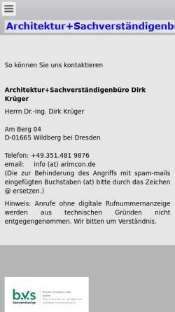 Vorschau der mobilen Webseite www.arimcon.de, Architektur- und Sachverständigenbüro Dirk Krüger