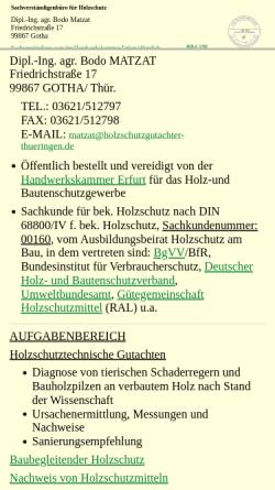 Vorschau der mobilen Webseite www.holzschutzgutachter-thueringen.de, Sachverständigenbüro für Holzschutz, Dipl.-Ing. agr. Bodo Matzat