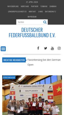 Vorschau der mobilen Webseite www.deutscher-federfussballbund.de, Deutscher Federfussballbund e.V.
