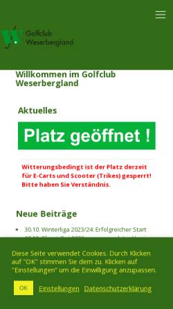 Vorschau der mobilen Webseite golfclub-weserbergland.de, Golfclub Weserbergland