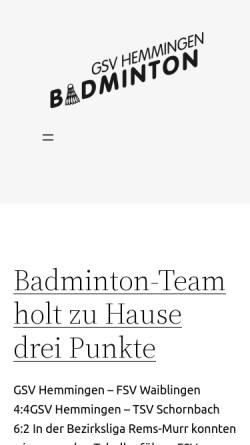 Vorschau der mobilen Webseite www.badminton-hemmingen.de, Badminton Hemmingen