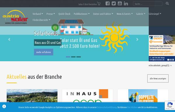 Vorschau von www.solarwaerme.at, Austria Solar - Verband zur Förderung der thermischen Solarenergie