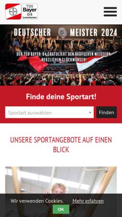 Vorschau der mobilen Webseite www.tsvbayer04.de, TSV Bayer 04 Leverkusen e.V.