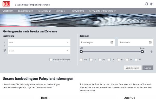 Vorschau von bauarbeiten.bahn.de, Deutsche Bahn - Baubedingte Fahrplanänderungen