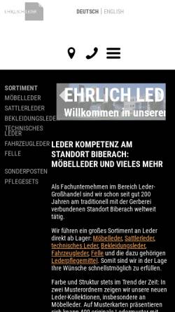 Vorschau der mobilen Webseite www.ehrlich-leder.de, Leder Großhandel Ehrlich