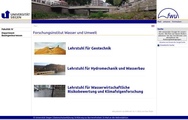 Vorschau von www.uni-siegen.de, Forschungsstelle Wasserwirtschaft und Umwelt der Universität Siegen
