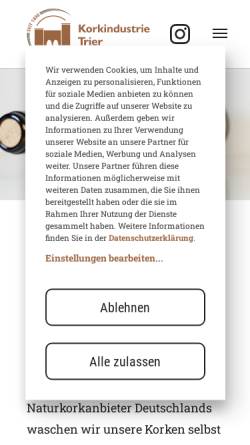Vorschau der mobilen Webseite www.korkindustrie.de, Korkindustrie Trier - Naturkorken