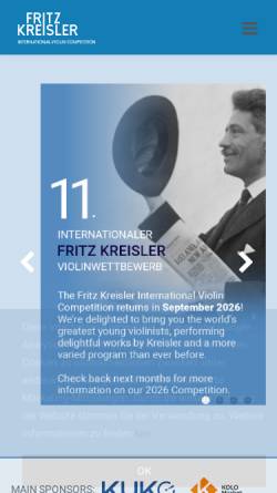 Vorschau der mobilen Webseite www.fritzkreisler.com, Internationaler Fritz Kreisler Wettbewerb