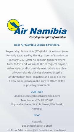 Vorschau der mobilen Webseite www.airnamibia.com, Air Namibia