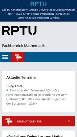 Vorschau der mobilen Webseite www.mathematik.uni-kl.de, Fachbereich Mathematik an der Universität Kaiserslautern