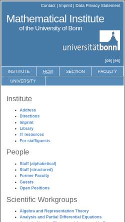 Vorschau der mobilen Webseite www.math.uni-bonn.de, Mathematisches Institut der Rheinischen Friedrich-Wilhelms-Universität Bonn
