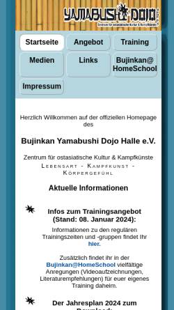 Vorschau der mobilen Webseite www.bujinkandojohalle.de, Yamabushi Dojo Halle
