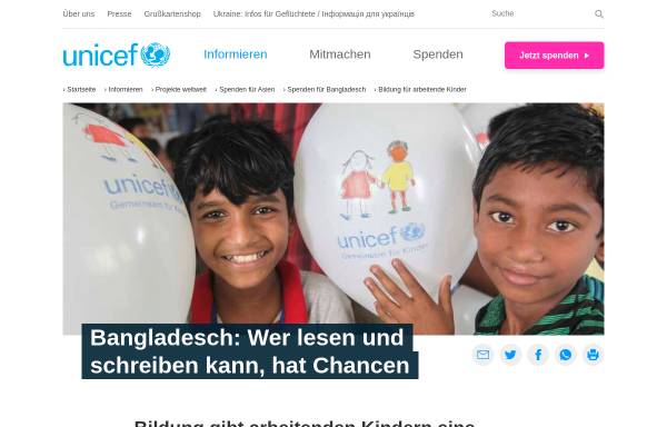Vorschau von www.unicef.de, UNICEF-Projekt: Bildung für arbeitende Kinder
