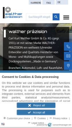 Vorschau der mobilen Webseite www.walther-praezision.de, Carl Kurt Walther GmbH & Co. KG