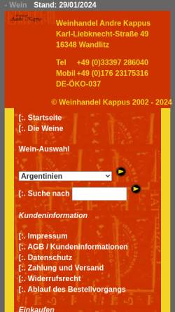 Vorschau der mobilen Webseite www.weinhandel-kappus.de, Weinhandel Kappus
