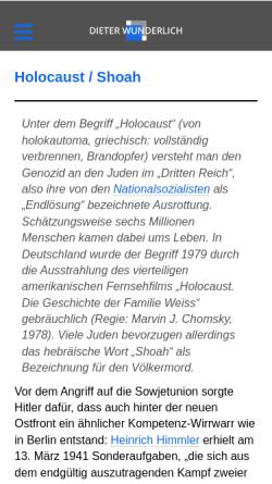 Vorschau der mobilen Webseite www.dieterwunderlich.de, Holocaust - Erläuterungen zu Büchern und Filmen