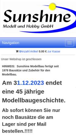 Vorschau der mobilen Webseite www.sunshine-modellbau.de, Sunshine Modell & Hobby GmbH