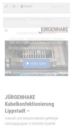 Vorschau der mobilen Webseite www.juergenhake.de, Jürgenhake Gesellschaft für Kabelkonfektion und Metallverarbeitung mbH
