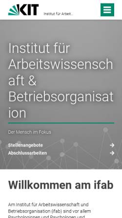 Vorschau der mobilen Webseite www.ifab.kit.edu, UNI Karlsruhe - Institut für Arbeitswissenschaft und Betriebsorganisation [IfAB]