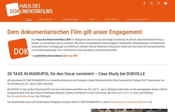 Vorschau von www.hdf.de, Haus des Dokumentarfilms, Europäisches Medienforum Stuttgart