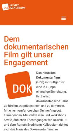 Vorschau der mobilen Webseite www.hdf.de, Haus des Dokumentarfilms, Europäisches Medienforum Stuttgart