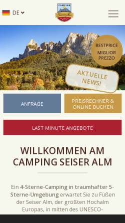 Vorschau der mobilen Webseite www.camping-seiseralm.com, Camping Seiser Alm