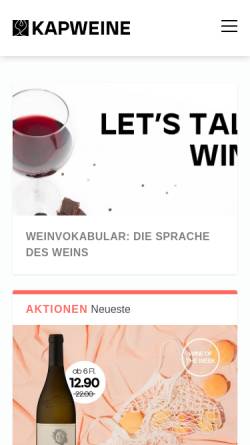 Vorschau der mobilen Webseite www.kapweine.ch, Frankie’s Wine Selection SA, KapWeine Division