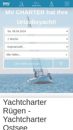 Vorschau der mobilen Webseite www.mv-charter.de, MV Yachtcharter Rügen, Wismar bis Greifwald