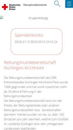 Vorschau der mobilen Webseite www.drk-rettungshund.de, Deutsches Rotes Kreuz Rettungshundestaffel Nürtingen/Kirchheim
