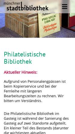 Vorschau der mobilen Webseite www.muenchner-stadtbibliothek.de, Münchner Stadtbibliothek: Philatelistische Bibliothek