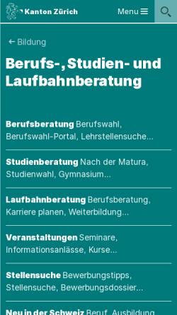 Vorschau der mobilen Webseite www.berufsberatung.zh.ch, Berufsberatung des Kantons Zürich