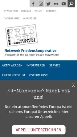 Vorschau der mobilen Webseite www.friedenskooperative.de, Netzwerk Friedenskooperative: Friedens Termine