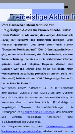 Vorschau der mobilen Webseite www.freigeistige-aktion.de, Freigeistige Aktion für humanistische Kultur e.V.