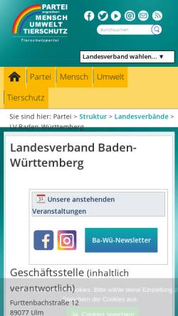 Vorschau der mobilen Webseite www.tierschutzpartei-bw.de, Mensch Umwelt Tierschutz - Landesverband Baden-Württemberg