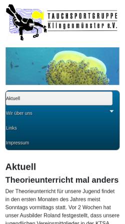 Vorschau der mobilen Webseite www.tauchsportgruppe-klingenmünster.de, Tauchsportgruppe Klingenmüster e.V.