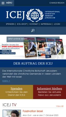 Vorschau der mobilen Webseite www.icej.de, Internationale Christliche Botschaft Jerusalem - Deutscher Zweig e.V.