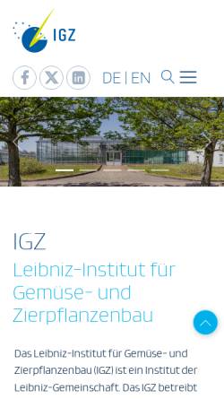 Vorschau der mobilen Webseite www.igzev.de, Institut für Gemüse- und Zierpflanzenbau Großbeeren/Erfurt e.V.