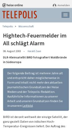 Vorschau der mobilen Webseite www.heise.de, Hightech-Feuermelder im All schlägt Alarm