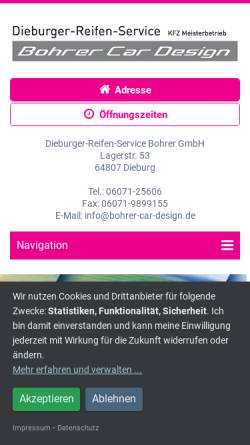 Vorschau der mobilen Webseite www.bohrer-car-design.de, Dieburger Reifen-Service Brigitte Bohrer GmbH