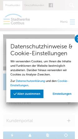Vorschau der mobilen Webseite www.stadtwerke-cottbus.de, Stadtwerke Cottbus