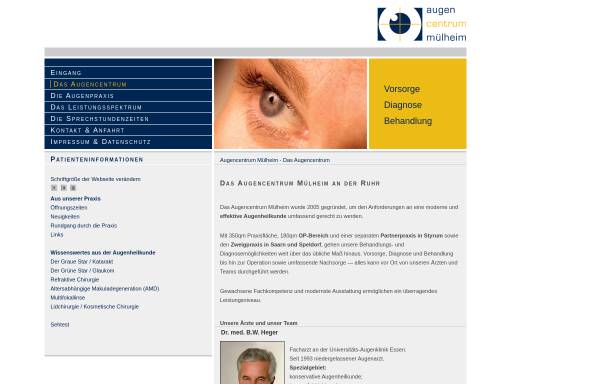 Vorschau von www.augencentrum-muelheim.de, Gemeinschaftspraxis Dr. med. B.W. Heger, Dr. med. J.A. Bautista, Dr. med. N. Henkel