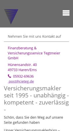 Vorschau der mobilen Webseite www.cieteg.de, Finanzberatung & Versicherungsservice OHG W. Cielanga und D. Tegtmeier