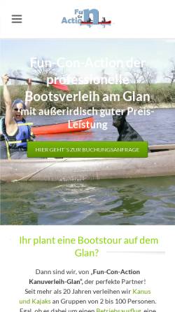 Vorschau der mobilen Webseite fun-con-action.de, Fun-Con-Action GbR Kanuverleih an Glan und Nahe und Outdoorevents